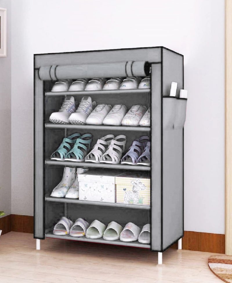 FLIPZON Plastic Multipurpose 5 Shelves Shoe Rack with Zip Door Cover & Side Pockets, Multiuse Storage Rack for Footwear, Toys, Clothes with Dustproof Cover (5 Shelves, Grey) - Image 4