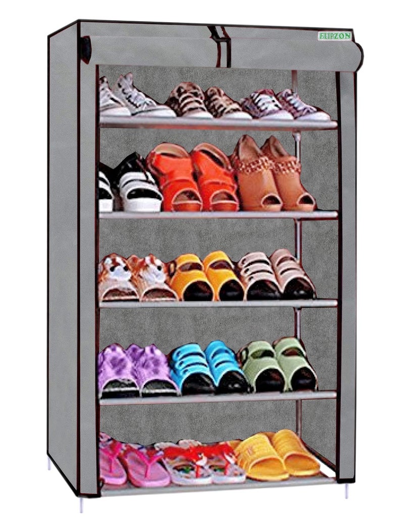 FLIPZON Plastic Multipurpose 5 Shelves Shoe Rack with Zip Door Cover & Side Pockets, Multiuse Storage Rack for Footwear, Toys, Clothes with Dustproof Cover (5 Shelves, Grey) - Image 1