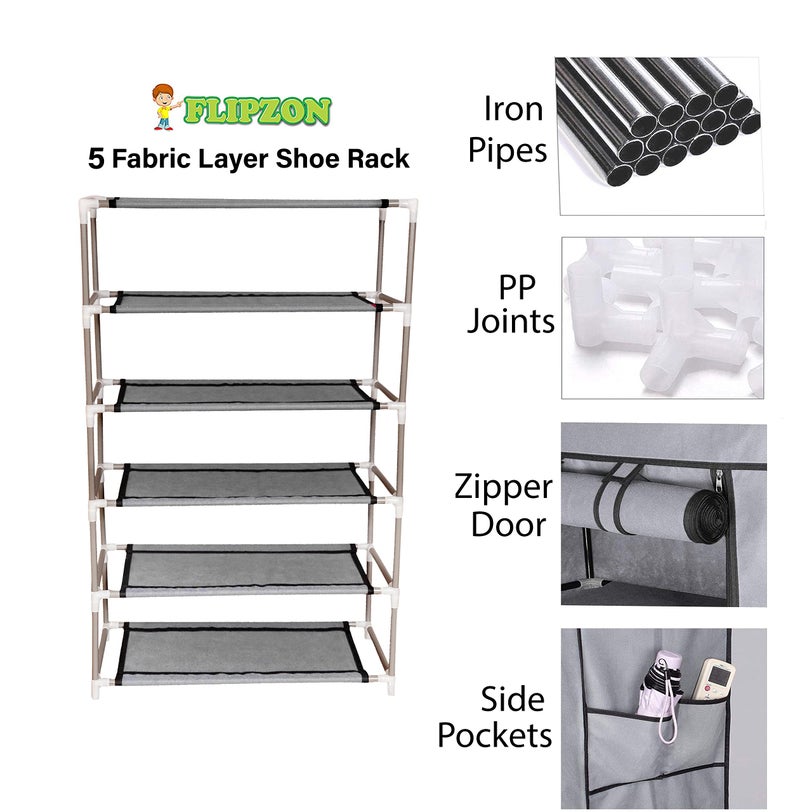 FLIPZON Plastic Multipurpose 5 Shelves Shoe Rack with Zip Door Cover & Side Pockets, Multiuse Storage Rack for Footwear, Toys, Clothes with Dustproof Cover (5 Shelves, Grey) - Image 3