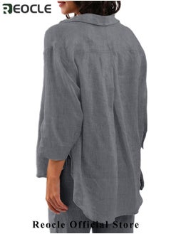 REOCLE Women's 2 Piece Outfit Linen Lapel Long Sleeve Shirt & Wide Leg Pants Sets Spring Autumn Casual Solid Color Loungewear  - Image 3