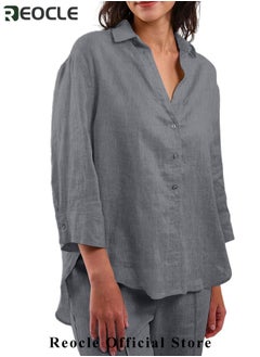 REOCLE Women's 2 Piece Outfit Linen Lapel Long Sleeve Shirt & Wide Leg Pants Sets Spring Autumn Casual Solid Color Loungewear  - Image 2
