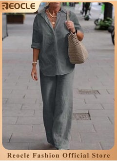 REOCLE Women's 2 Piece Outfit Linen Lapel Long Sleeve Shirt & Wide Leg Pants Sets Spring Autumn Casual Solid Color Loungewear  - Image 1