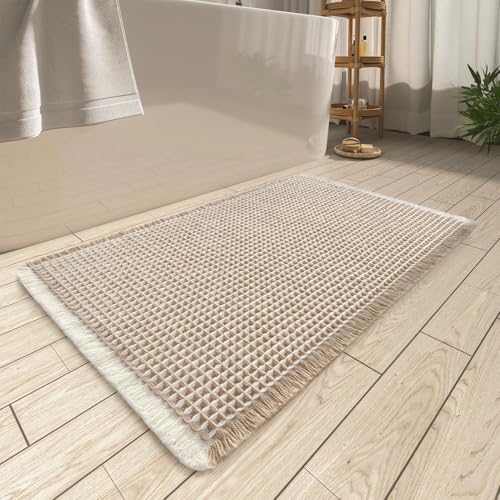 AMOAMI Upgraded Waffle Bath Mat, Super Absorbent Non Slip Bath Mats for Bathroom Floor, Machine Washable Bathroom Rugs with Tassels, Rubber Backed Bathroom Mats, Ultra Soft, 17" x 24",Brown & Cream - Image 1