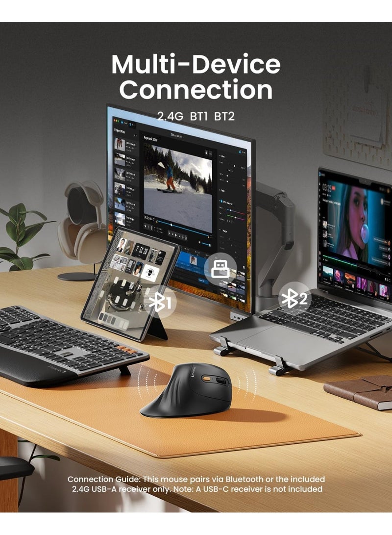 ProtoArc Ergonomic Mouse, EM11 NL Bluetooth Rechargeable Wireless Vertical Mouse, 3 Multi-Device Connectivity for Computer/PC/Laptop, 2.4GHz Optical Mice for Windows, Mac OS, Black - Image 2