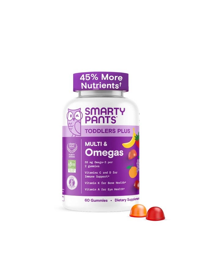 SmartyPants SmartyPants Toddler Multivitamin Gummies - Improved Formula: Omega 3 (DHA/EPA), Vitamins D3, C, Vitamin B12, B6, A, K & Zinc, Biotin, Gluten Free, Three Fruit Flavors, 60 Count (30 Day Supply) - Image 1