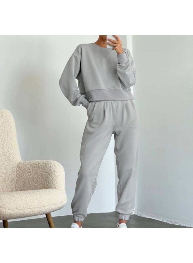 NIBEMINENT Autumn Casual 2 Piece Set Loose Solid Color Long Sleeved Sweatshirt Elastic Waist Trousers Suit Fashion Commuting Women Clothing - Image 1