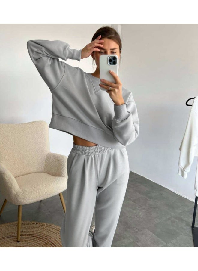 NIBEMINENT Autumn Casual 2 Piece Set Loose Solid Color Long Sleeved Sweatshirt Elastic Waist Trousers Suit Fashion Commuting Women Clothing - Image 2