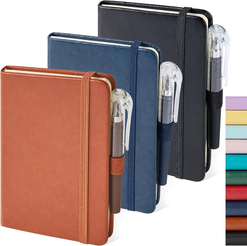 NIRMIRO 3 Pack Pocket Notebook Journals, Small Notepad Notebooks for Note Taking, A6 Mini Note pads with Pen Holder, 408 Lined Pages, 3.7" x 5.7", Black, Brown, Blue - Image 1