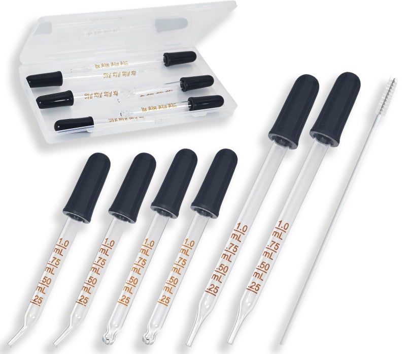Atdcoek 6 Pack Glass Pipette Dropper with Brush - Bent & Straight Tips, 1 ml Eye Droppers for Essential Oils, Lab, Crafts, Measuring and Transferring Liquids - Image 1
