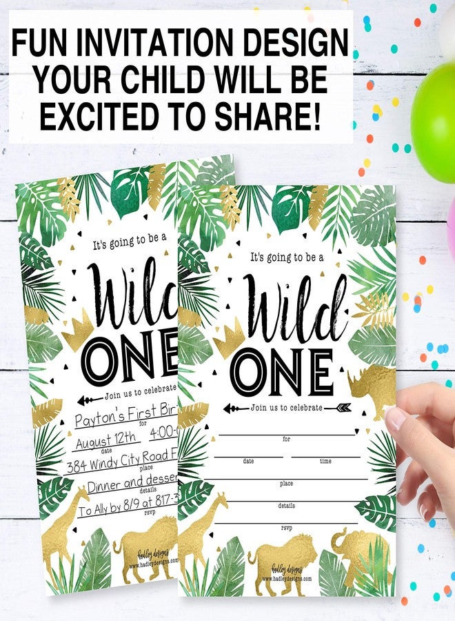 Hadley Designs Kids Birthday Invitations For Boys and Girls Safari Theme - 25 Wild One 1st Birthday Party Invitations For Boys, Jungle Invites For Girls, Cute Animals Party Supplies, Made In USA - Image 5