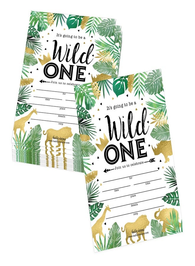 Hadley Designs Kids Birthday Invitations For Boys and Girls Safari Theme - 25 Wild One 1st Birthday Party Invitations For Boys, Jungle Invites For Girls, Cute Animals Party Supplies, Made In USA - Image 1