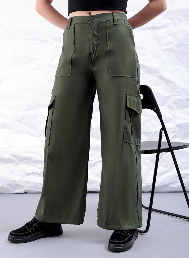 Freehand Women Green Flared Cargo Trousers - Image 1