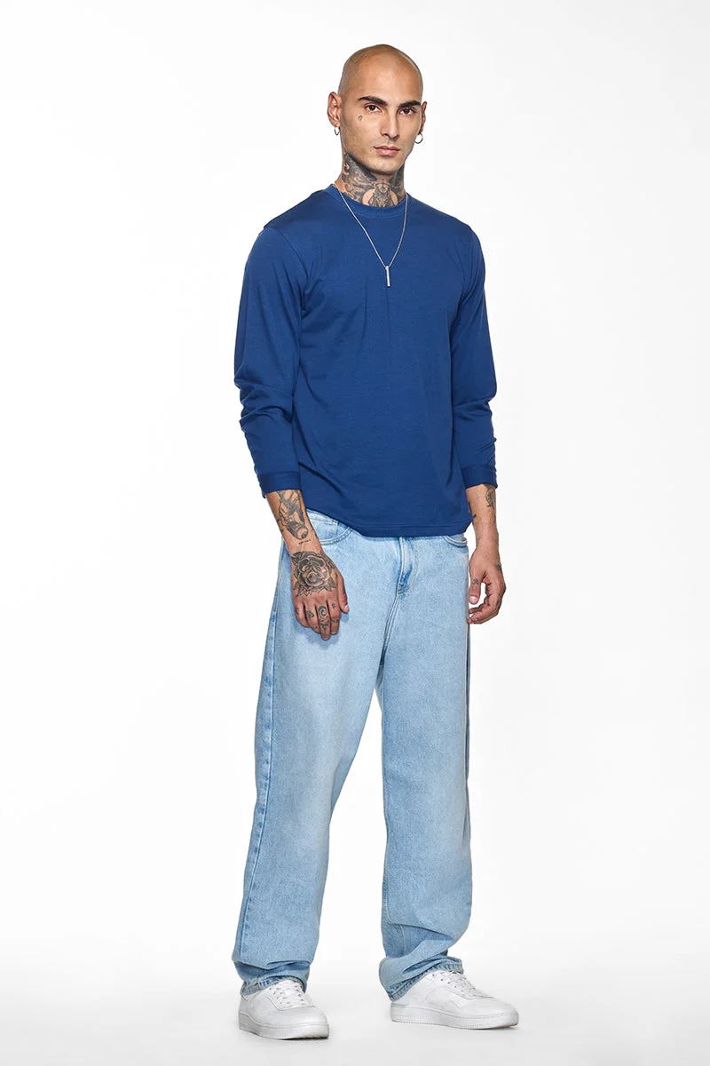 سنيتش Dark Blue Solid Long Sleeve Slim Fit Casual T-Shirt