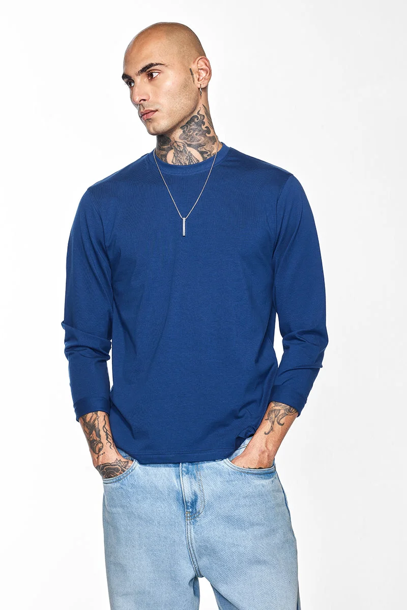 سنيتش Dark Blue Solid Long Sleeve Slim Fit Casual T-Shirt