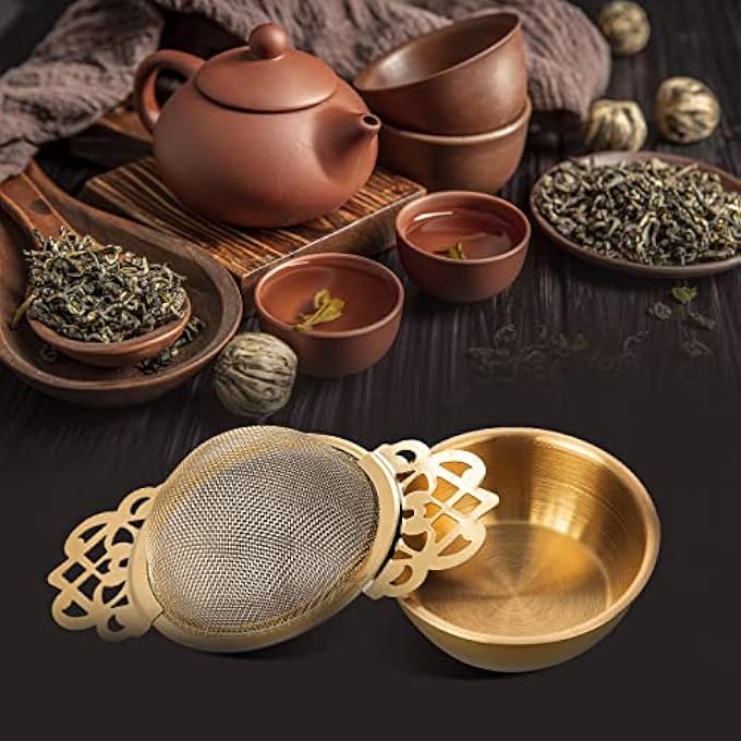 VEIREN 2 Pieces Stainless Steel Tea Strainers Double Handles Tea Interval Diffuser With Drip Bowl Reusable Fine Mesh Tea Filters For Loose Leaf Coffee Herbal Spice Home Kitchen Tea Infuser Gold - Image 3