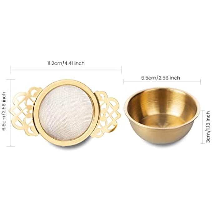 VEIREN 2 Pieces Stainless Steel Tea Strainers Double Handles Tea Interval Diffuser With Drip Bowl Reusable Fine Mesh Tea Filters For Loose Leaf Coffee Herbal Spice Home Kitchen Tea Infuser Gold - Image 4