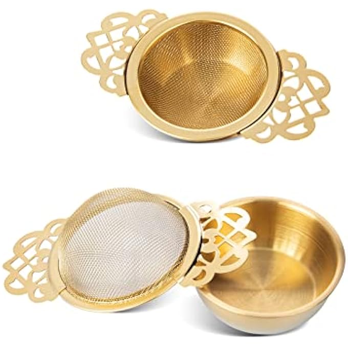 VEIREN 2 Pieces Stainless Steel Tea Strainers Double Handles Tea Interval Diffuser With Drip Bowl Reusable Fine Mesh Tea Filters For Loose Leaf Coffee Herbal Spice Home Kitchen Tea Infuser Gold - Image 1