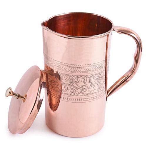 KUVI Kuvi Pure Copper Embossed Design Water Jug Lacqour Coated Pitcher Storage Serving Water Health Benefits 1200 ML - Image 1