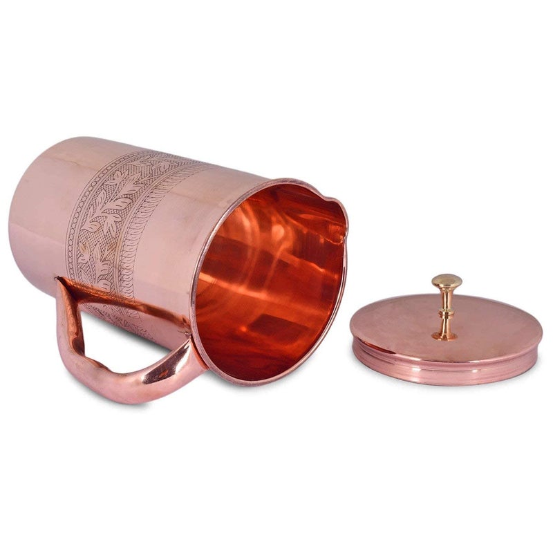KUVI Kuvi Pure Copper Embossed Design Water Jug Lacqour Coated Pitcher Storage Serving Water Health Benefits 1200 ML - Image 2