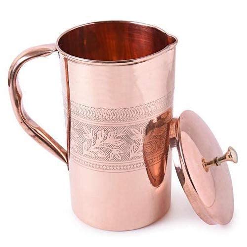 KUVI Kuvi Pure Copper Embossed Design Water Jug Lacqour Coated Pitcher Storage Serving Water Health Benefits 1200 ML - Image 5