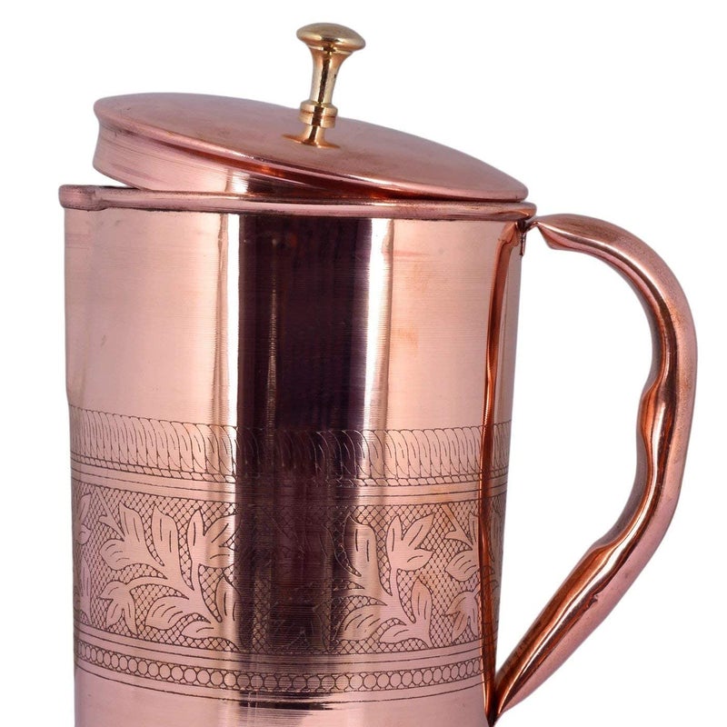 KUVI Kuvi Pure Copper Embossed Design Water Jug Lacqour Coated Pitcher Storage Serving Water Health Benefits 1200 ML - Image 4