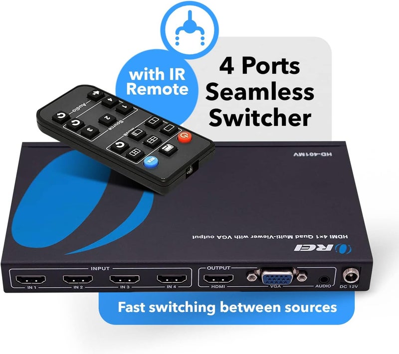 OREI HDMI Switcher 4 in 1 Out with Quad Screen Multiviewer - Supports 1080p, DTS/Dolby Audio, IR Remote Control, Seamless Switching, Compatible with HDMI Devices - Image 2