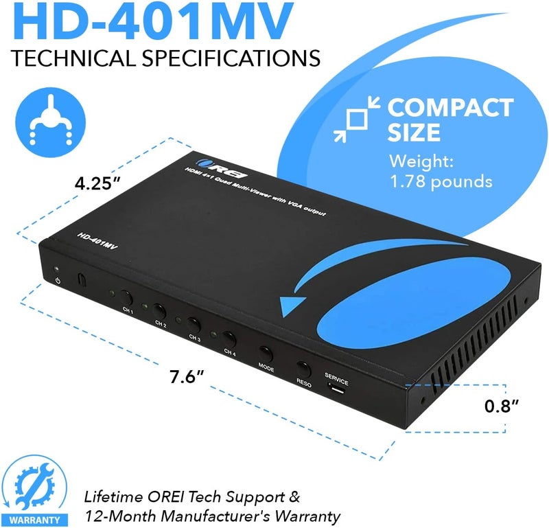 OREI HDMI Switcher 4 in 1 Out with Quad Screen Multiviewer - Supports 1080p, DTS/Dolby Audio, IR Remote Control, Seamless Switching, Compatible with HDMI Devices - Image 5