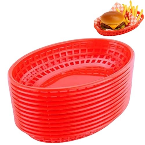 THW® Oval Fast Food Basket Plastic for Fries, Chips, Sandwiches, Burgers, Nachos, and Snacks | Red - Set of 12 Pieces - Image 1