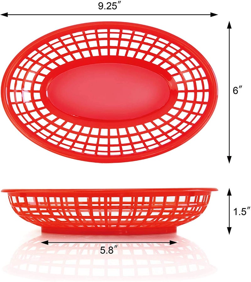 THW® Oval Fast Food Basket Plastic for Fries, Chips, Sandwiches, Burgers, Nachos, and Snacks | Red - Set of 12 Pieces - Image 2