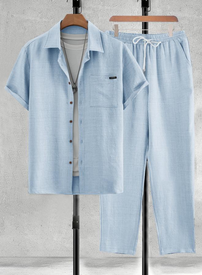 Take Two Men Light Blue Solid Shirt and Pants Co-ords - Image 1