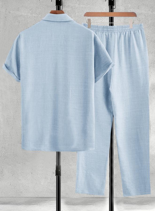 Take Two Men Light Blue Solid Shirt and Pants Co-ords - Image 2