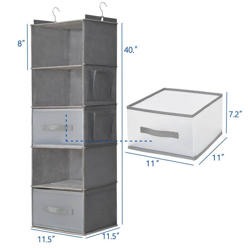 BIEBOS 5-Tier Hanging Organizer for Closet, Fabric Closet Organizer with 2 Hooks, 2 Pull-Out Drawers, Foldable Space-Saving Storage (Gray) - Image 2