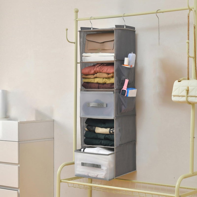 BIEBOS 5-Tier Hanging Organizer for Closet, Fabric Closet Organizer with 2 Hooks, 2 Pull-Out Drawers, Foldable Space-Saving Storage (Gray) - Image 5
