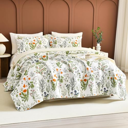 Lady Ann 100% Cotton Floral Oversized Queen Quilt Set - Yellow Flowers & Leaves Pattern Plant Botanical Printed Quilted 102x118 Bedspread & Coverlet Set, 3 PCS Lightweight Bedding Sets All Season - Image 1