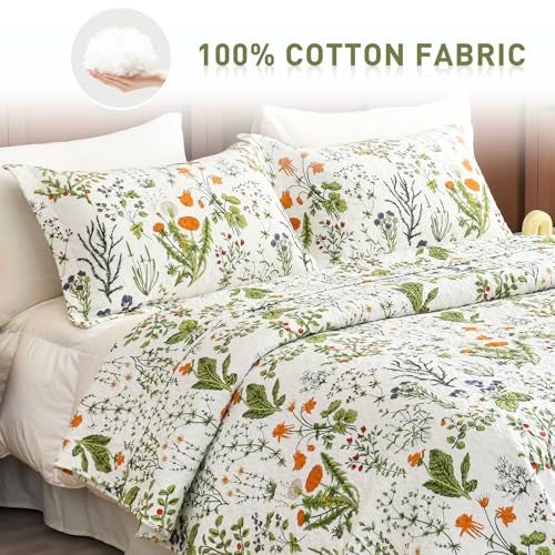 Lady Ann 100% Cotton Floral Oversized Queen Quilt Set - Yellow Flowers & Leaves Pattern Plant Botanical Printed Quilted 102x118 Bedspread & Coverlet Set, 3 PCS Lightweight Bedding Sets All Season - Image 2