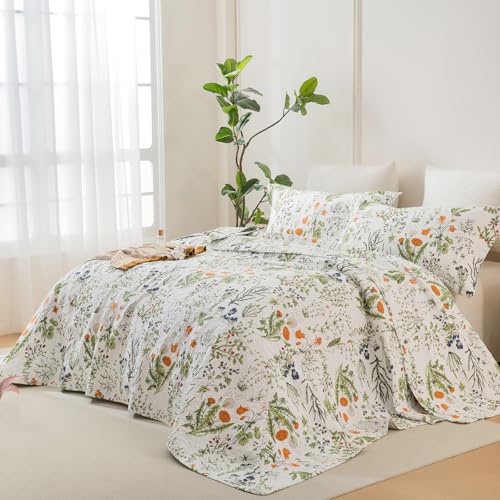 Lady Ann 100% Cotton Floral Oversized Queen Quilt Set - Yellow Flowers & Leaves Pattern Plant Botanical Printed Quilted 102x118 Bedspread & Coverlet Set, 3 PCS Lightweight Bedding Sets All Season - Image 5