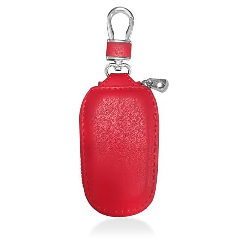 Wogomz Car Key Case, Genuine Leather Auto Key Fob Protector, Universal Key Fob Cover Case with Metal Hook, Car Smart Keychain Holder for Remote Key Fob, Vehicle Keyring Zipper Bag (Red) - Image 1