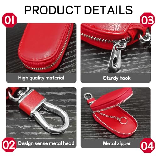 Wogomz Car Key Case, Genuine Leather Auto Key Fob Protector, Universal Key Fob Cover Case with Metal Hook, Car Smart Keychain Holder for Remote Key Fob, Vehicle Keyring Zipper Bag (Red) - Image 3