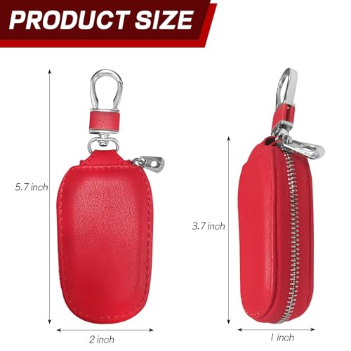 Wogomz Car Key Case, Genuine Leather Auto Key Fob Protector, Universal Key Fob Cover Case with Metal Hook, Car Smart Keychain Holder for Remote Key Fob, Vehicle Keyring Zipper Bag (Red) - Image 2