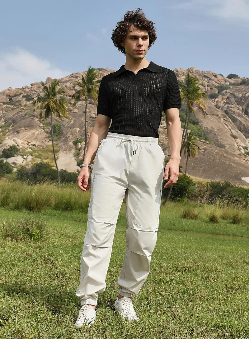 Campus Sutra Men's Saltbox Beige Parachute Utility Trousers