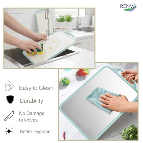 RENVA Stainless Steel Cutting Board,Double Sided Steel Cutting Boards for Kitchen,Stainless Steel/Wheat Straw pp Large Board for Meat,Non Toxic Chopping(38X29). (Green) - Image 3