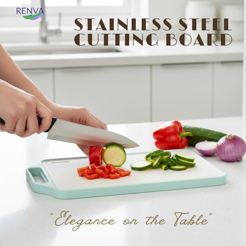 RENVA Stainless Steel Cutting Board,Double Sided Steel Cutting Boards for Kitchen,Stainless Steel/Wheat Straw pp Large Board for Meat,Non Toxic Chopping(38X29). (Green) - Image 5