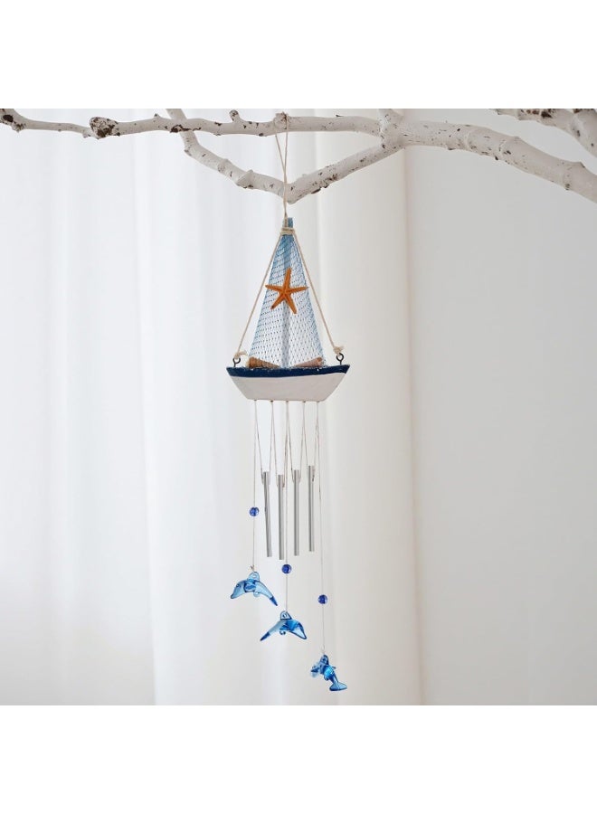 Relex Mediterranean Sailboat Wind Chime, Handcrafted Nautical Decor with Floating Ship Design, Seaside Themed Outdoor Garden Chime - Image 1