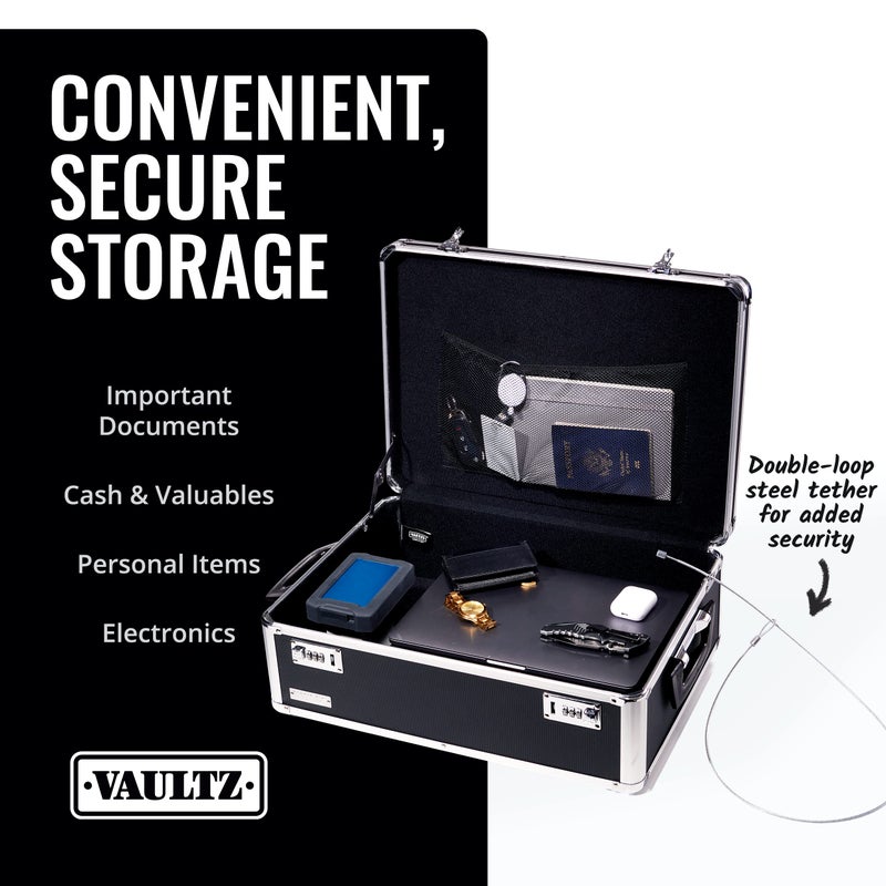 Vaultz Storage Lock Box - 6.5 x 23 x 13.5 Inch - Secure Dorm Storage Trunk with Combination Lock - Ideal Briefcase, Medicine Box, and Personal Item Lock Box - Store Cash, Laptop - Black/Silver - Image 2