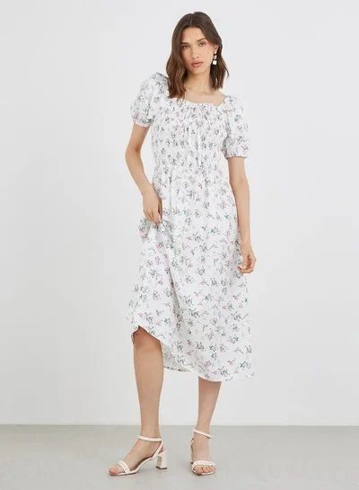 Take Two Take Two Floral Print Puff Sleeve Smocked Midi Dress