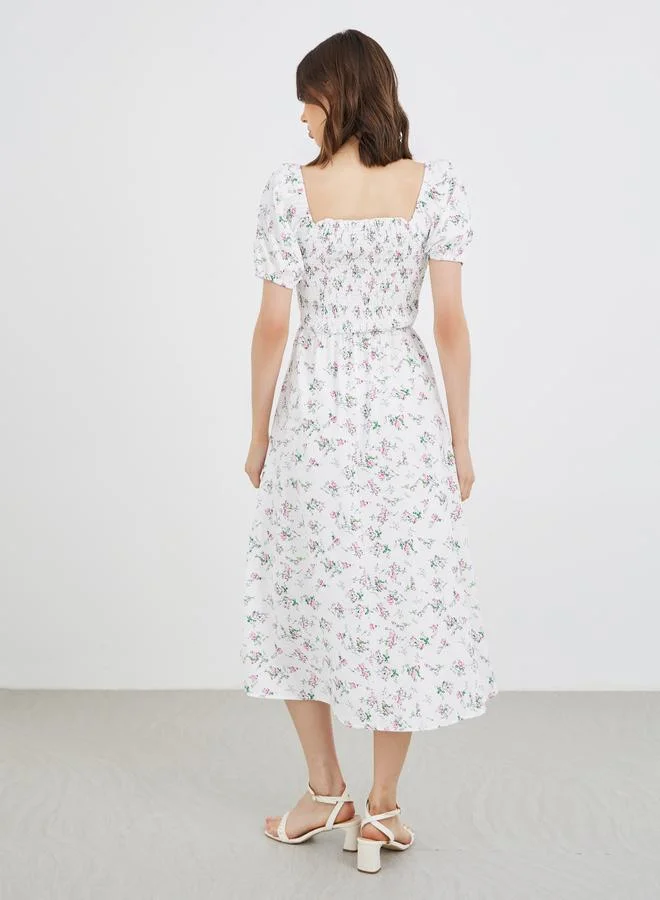 Take Two Take Two Floral Print Puff Sleeve Smocked Midi Dress
