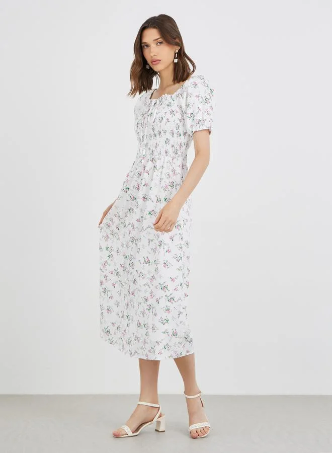 Take Two Take Two Floral Print Puff Sleeve Smocked Midi Dress