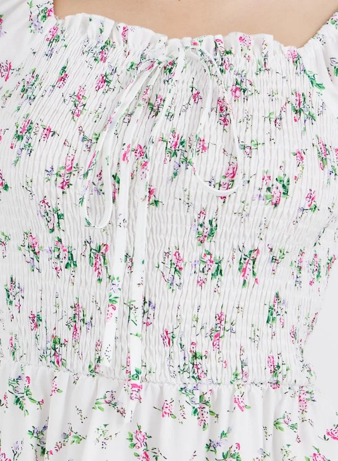 Take Two Take Two Floral Print Puff Sleeve Smocked Midi Dress