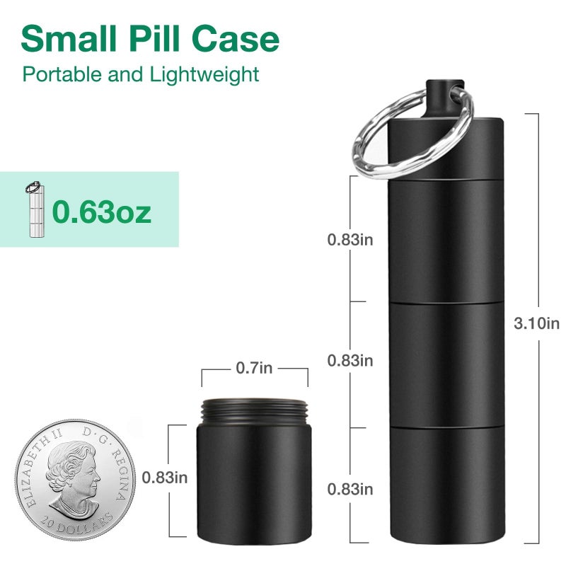 Opret 2 Pack Keychain Pill Holder, 3 Compartments Metal Small Pill Case, Waterproof Portable Travel Pill Box, Pill Container for Purse, Matte Black & Silver - Image 2