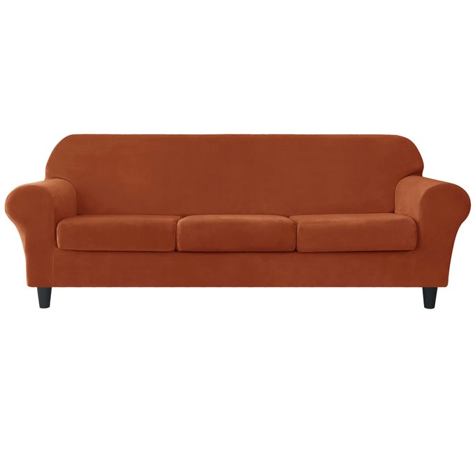 Stretch Sofa Slipcover Soft Velvet Sofa Covers for 3 Cushion Couch Thick Furniture Protector for Pets Kids Redbrown L